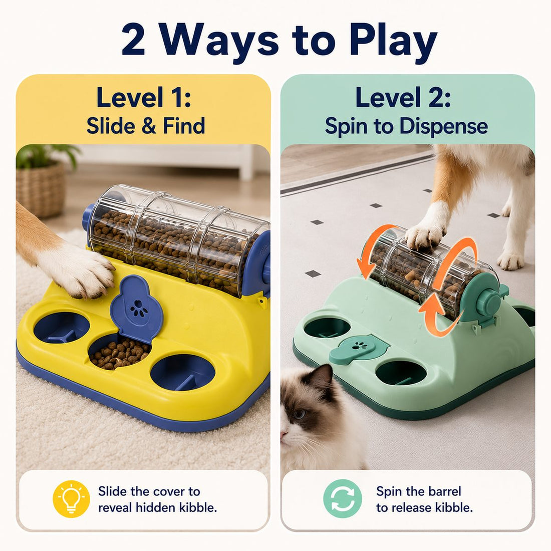 Two ways to play with rotating puzzle feeder: slide and find or spin to dispense.