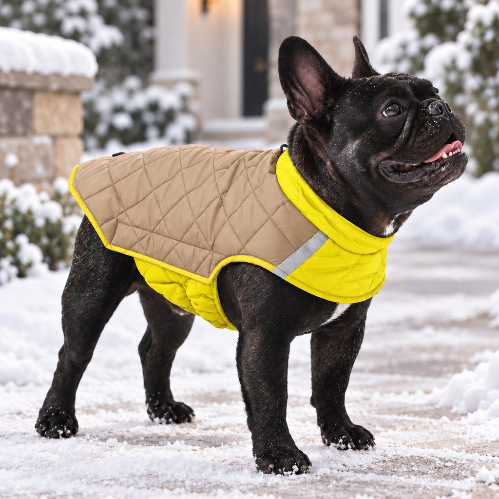 Sand and Brown Plaid reversible quilted dog coat