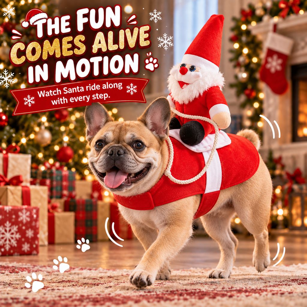 Santa rider dog costume designed for festive movement and photos