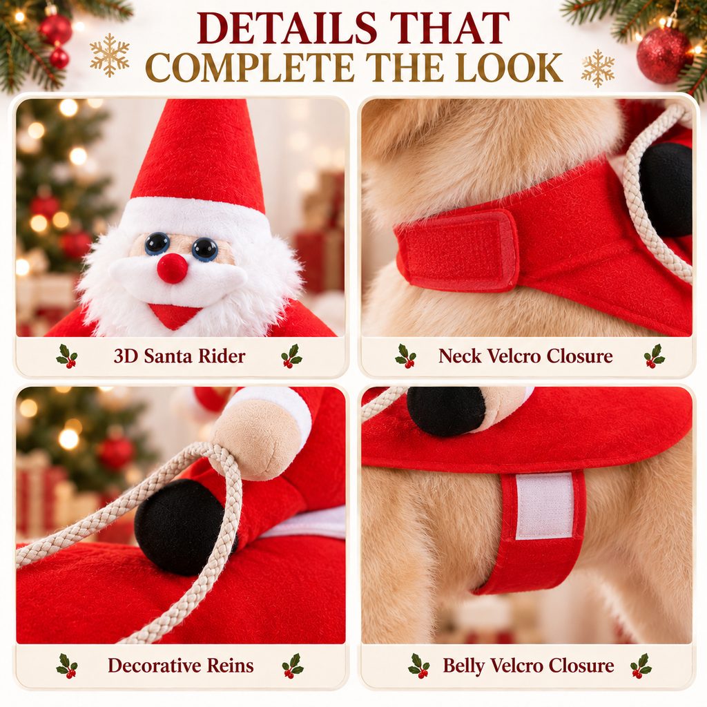 Santa rider pet costume neck and belly Velcro closure details