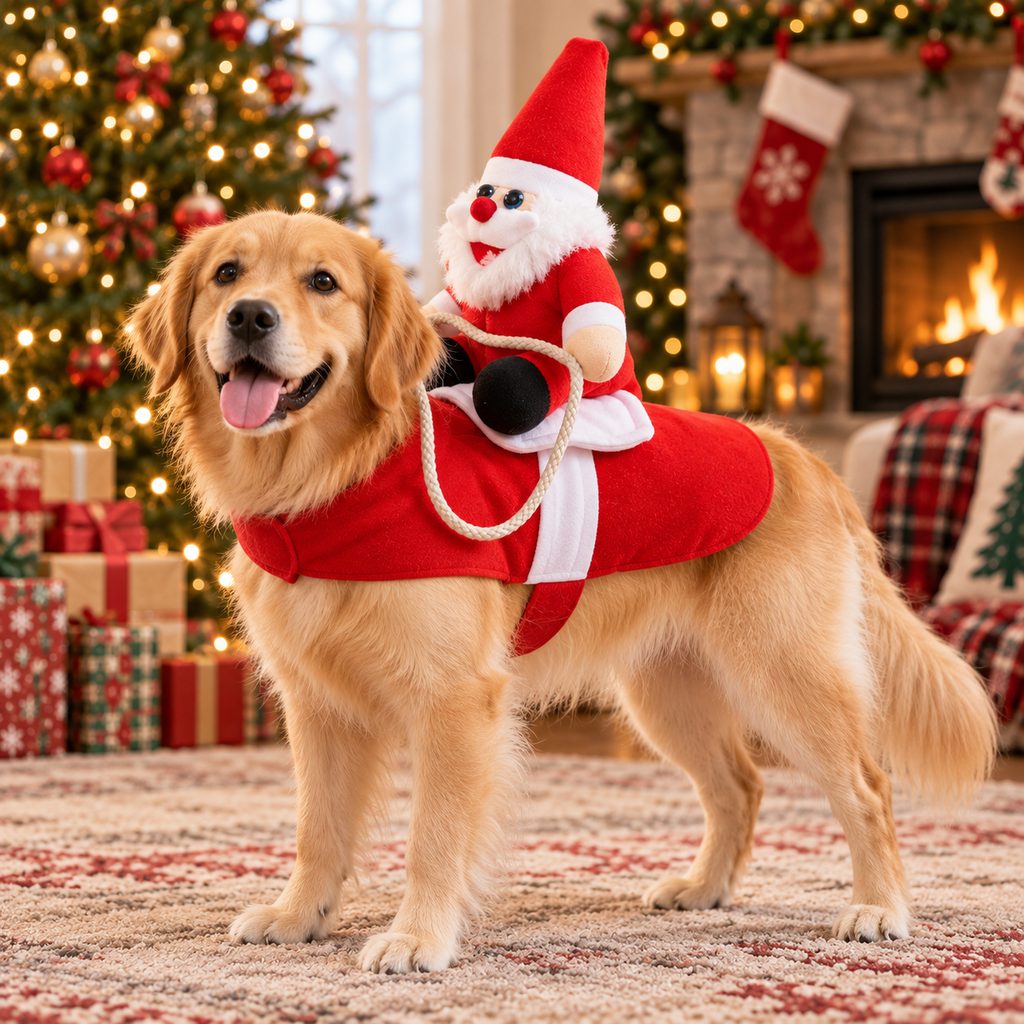 Golden Retriever wearing a red Santa Rider Pet Christmas Costume