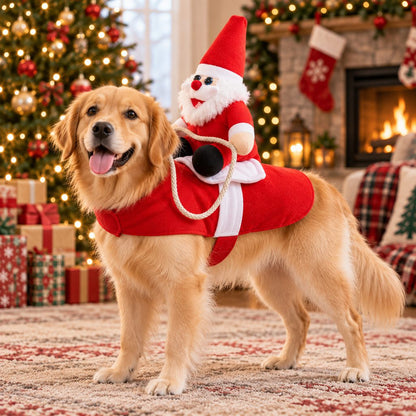 Golden Retriever wearing a red Santa Rider Pet Christmas Costume