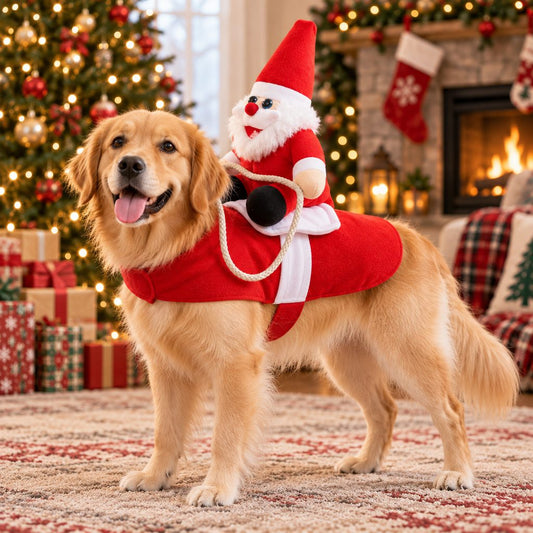 Golden Retriever wearing a red Santa Rider Pet Christmas Costume
