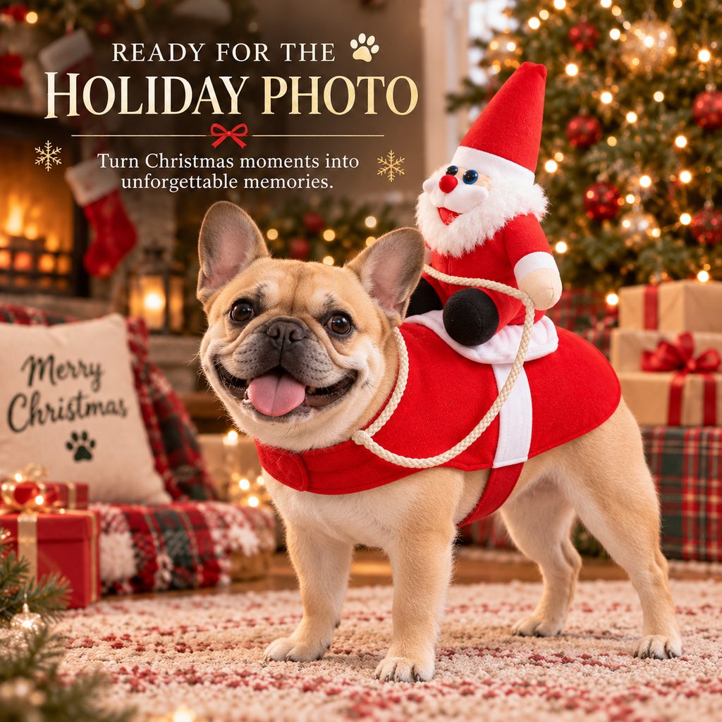 French Bulldog wearing Santa rider costume for holiday photos