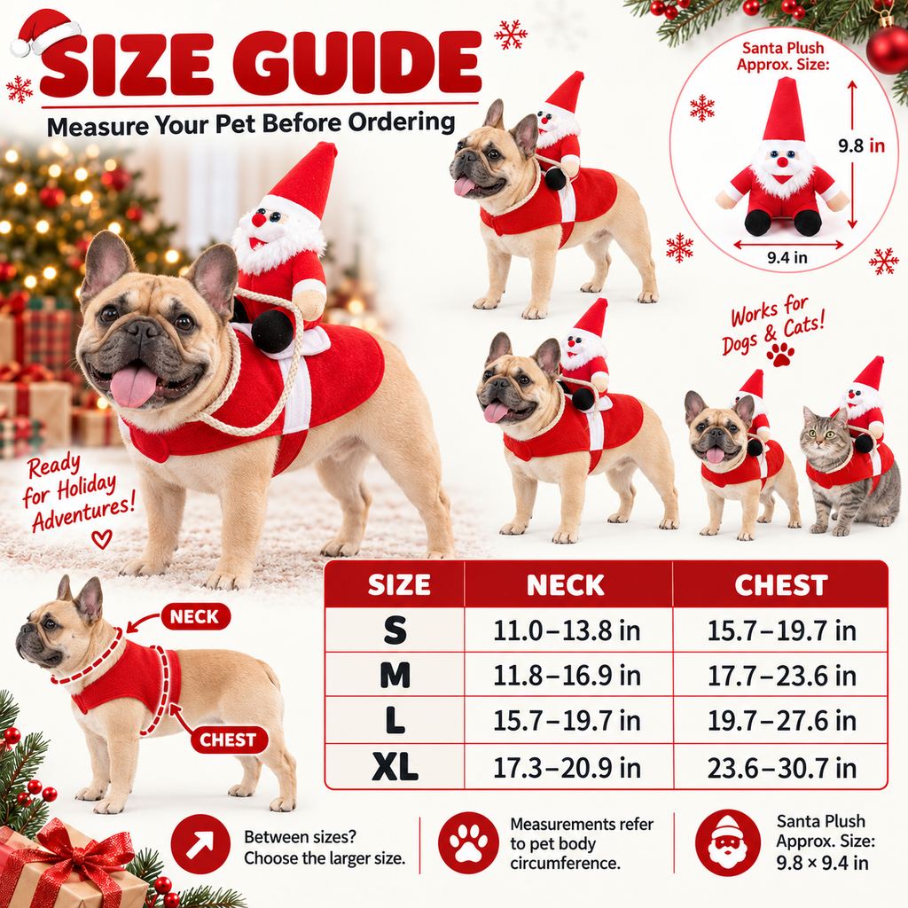 Santa Rider Pet Christmas Costume S to XL size guide
