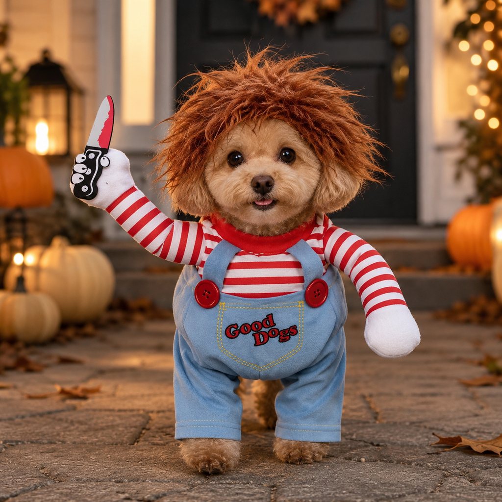 Scary doll dog Halloween costume with wig and toy knife