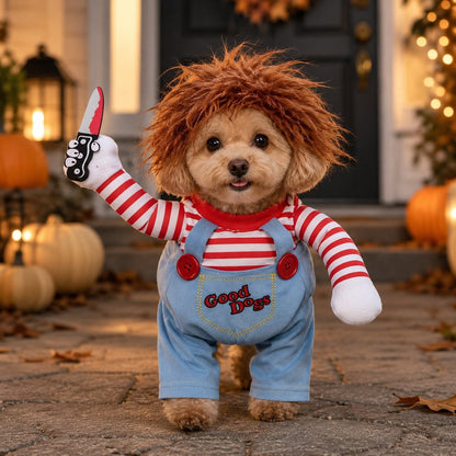 Scary doll dog Halloween costume with wig and toy knife