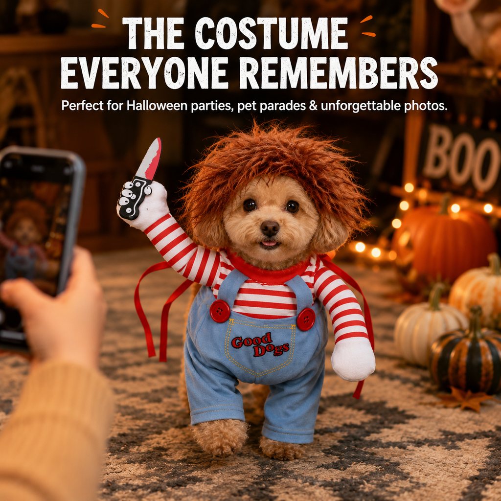 Scary doll dog costume with red striped sleeves and overalls