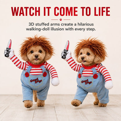 Funny dog costume with wig and decorative toy knife