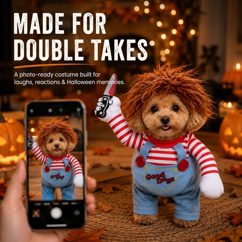 Three-piece scary doll dog costume set details