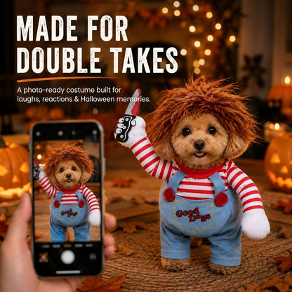 Three-piece scary doll dog costume set details