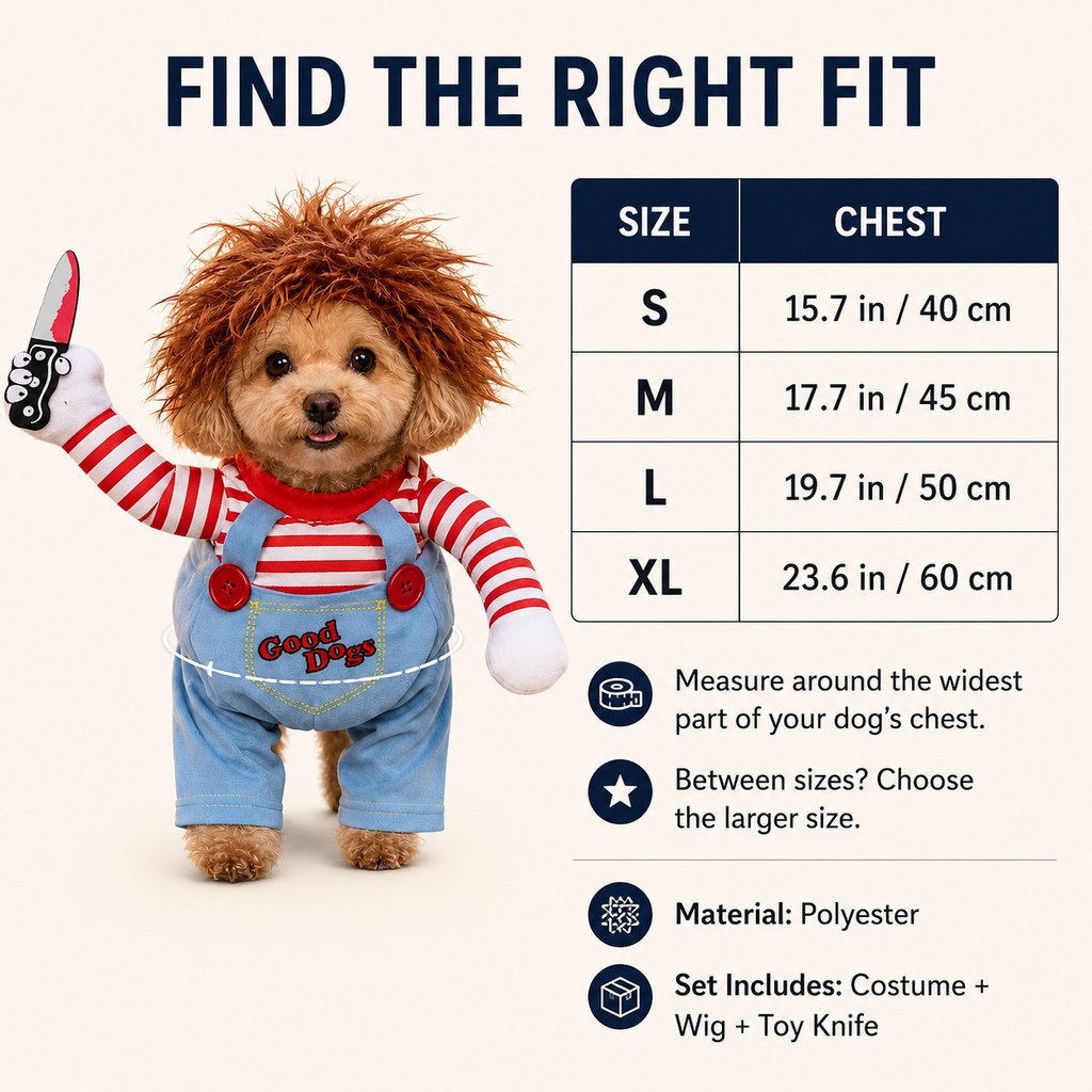 Dog costume size guide for scary doll outfit