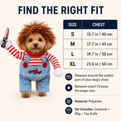Dog costume size guide for scary doll outfit
