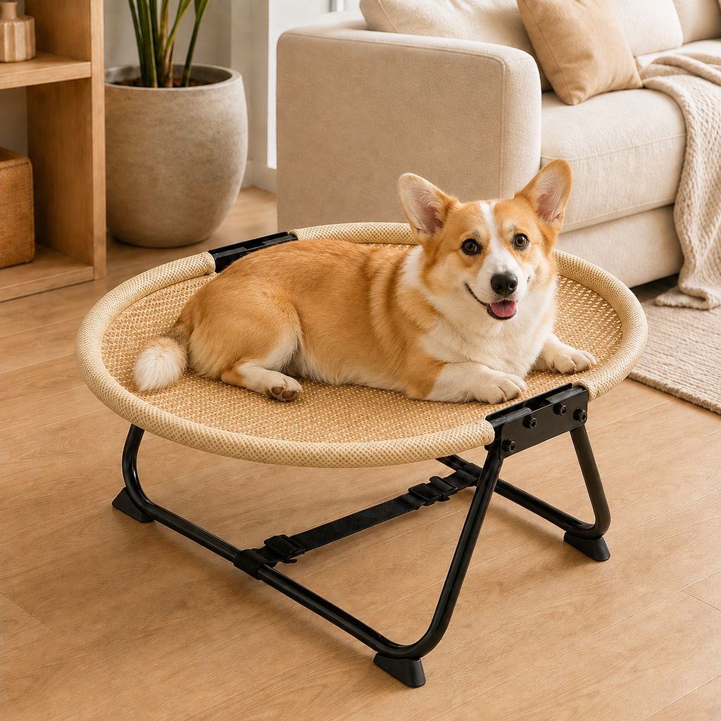 Complete elevated pet cot with scratch-resistant woven cover
