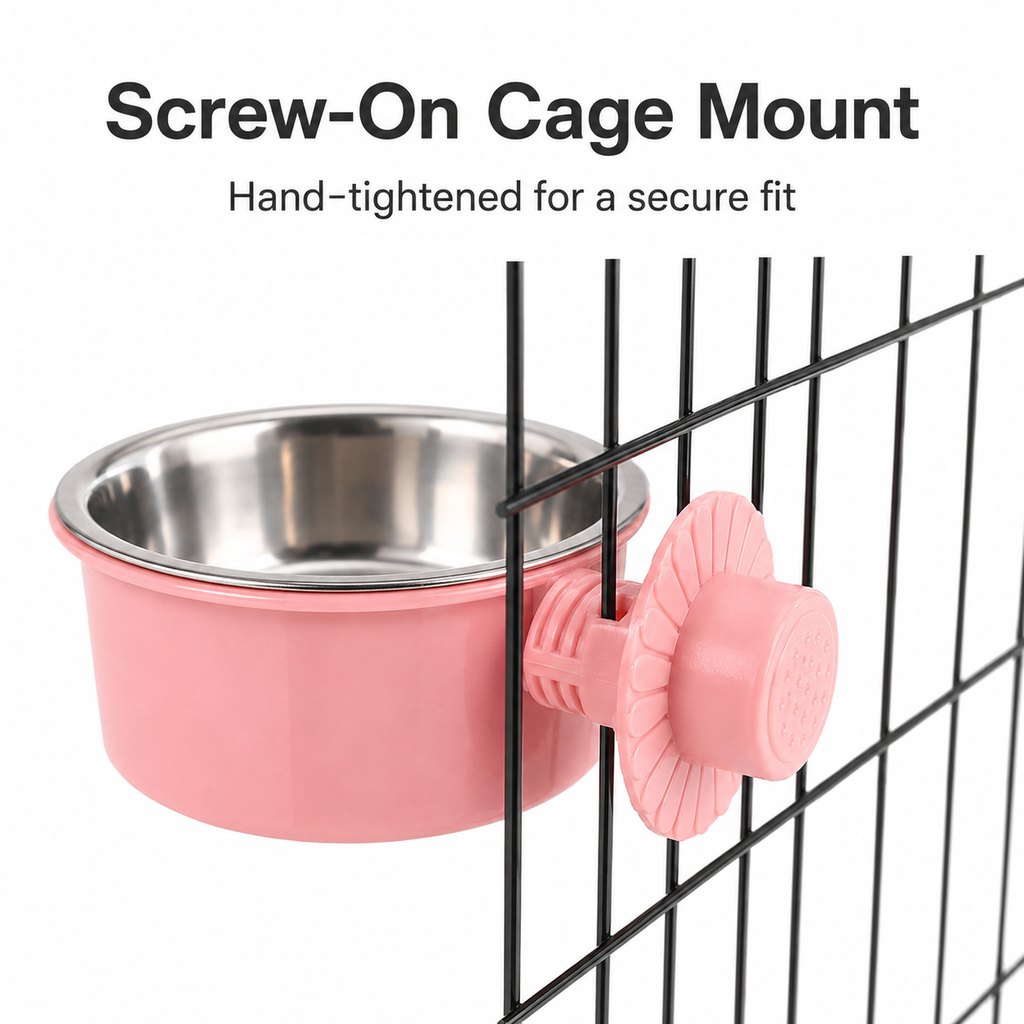 Crate-mounted stainless steel pet bowl for dogs and cats