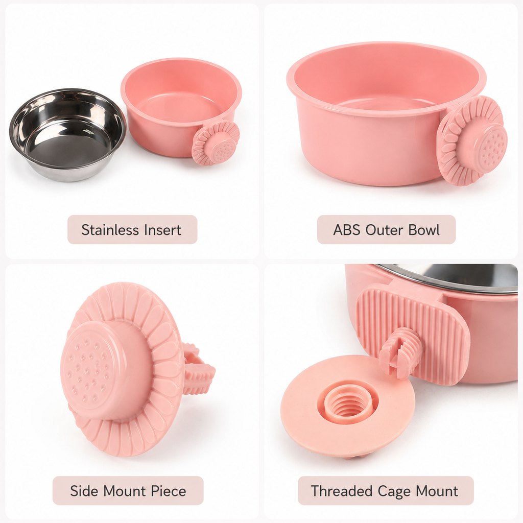 Crate-mounted stainless steel pet bowl for dogs and cats