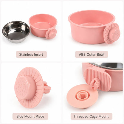 Crate-mounted stainless steel pet bowl for dogs and cats