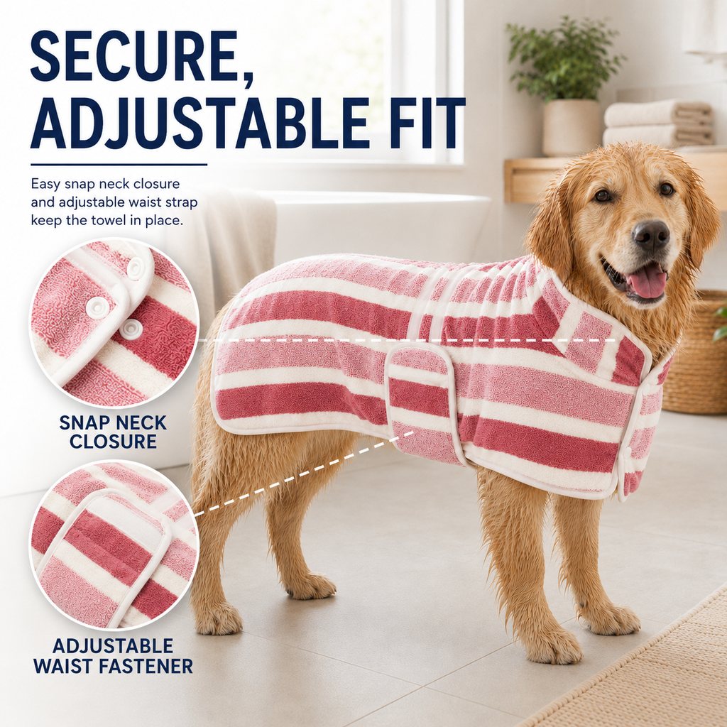 Secure adjustable fit dog drying towel with snap neck and waist fastener