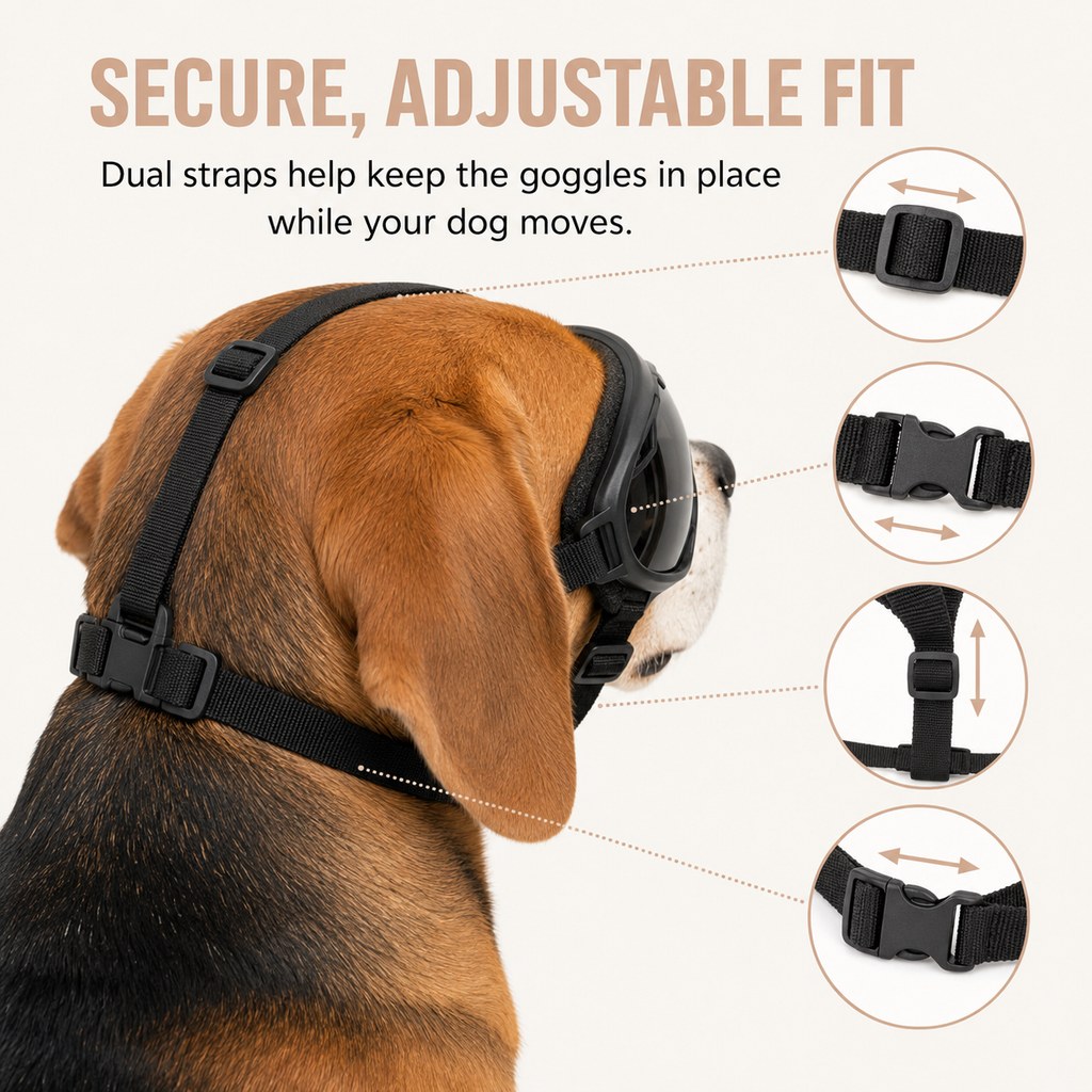 Dual adjustable straps on secure fit dog goggles