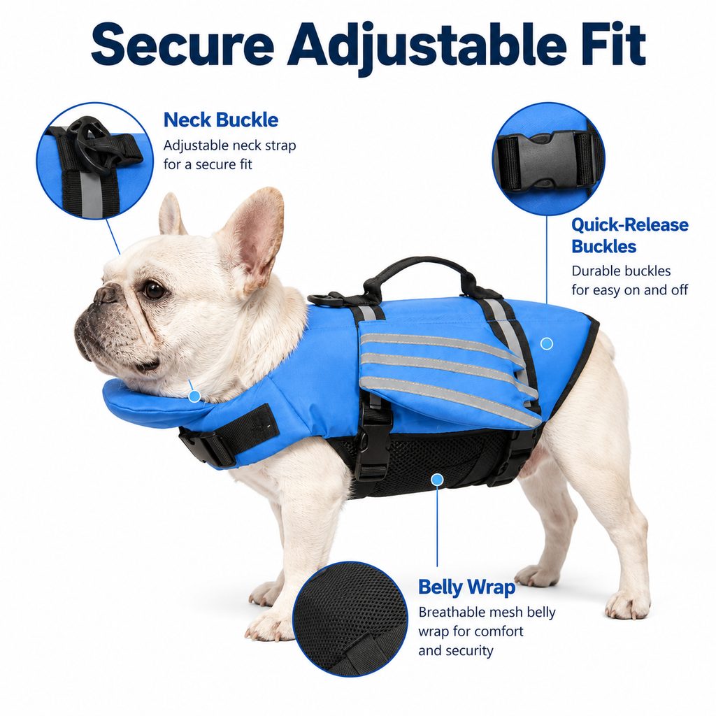 Secure adjustable fit dog life jacket
