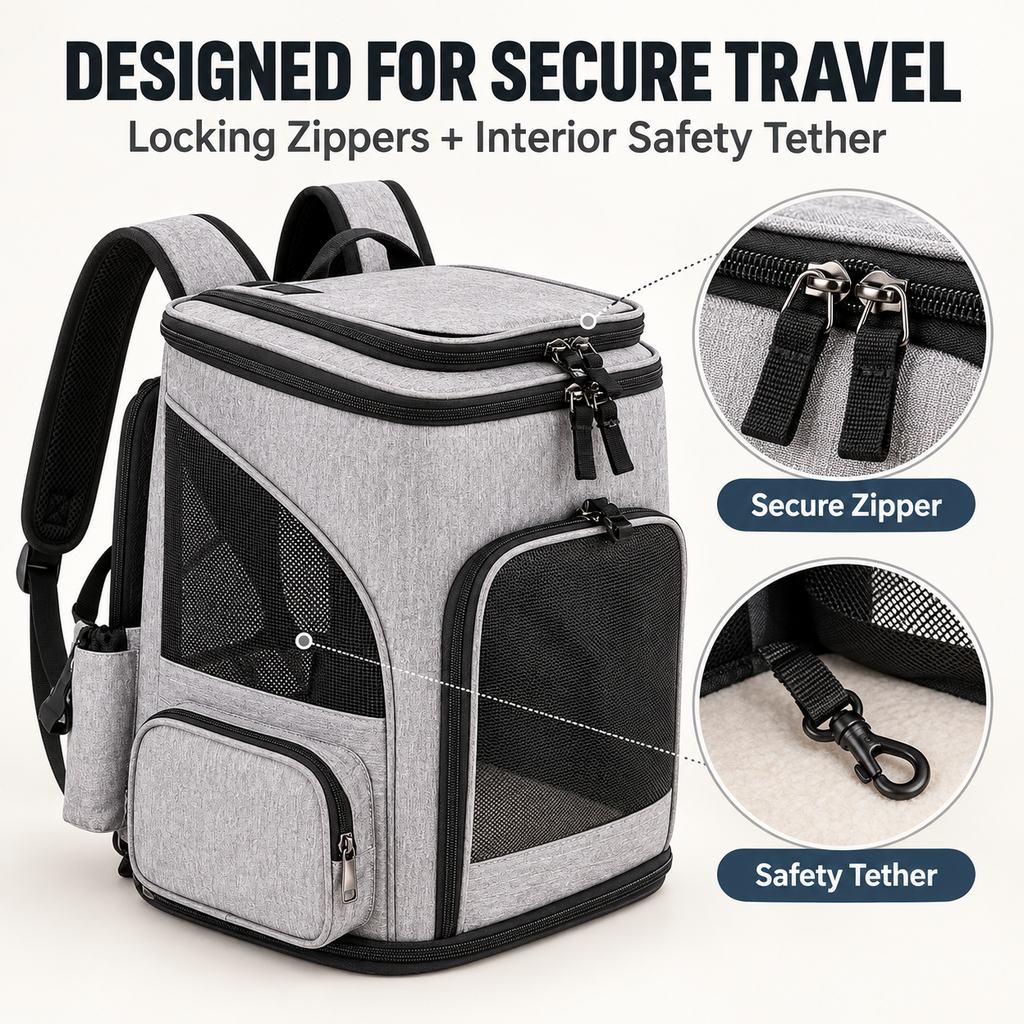 Secure zipper and interior safety tether on expandable pet carrier backpack