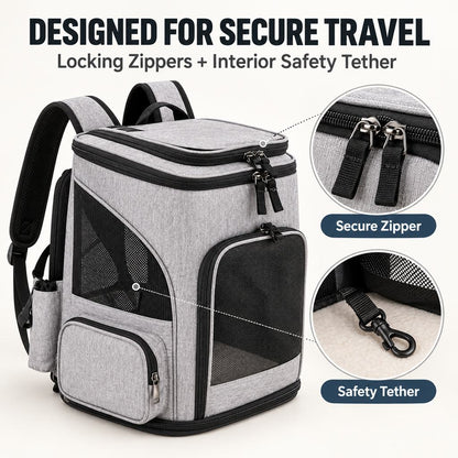 Secure zipper and interior safety tether on expandable pet carrier backpack