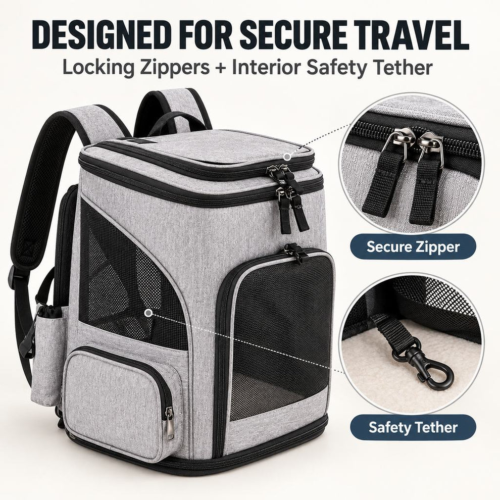Secure zipper and interior safety tether on expandable pet carrier backpack
