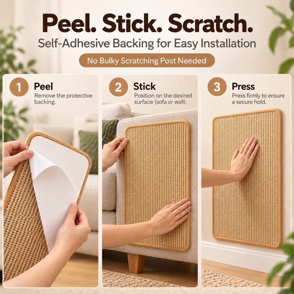 Paws in Awe Self-Adhesive Sisal Cat Scratching Mat for Sofas & Walls - Helps Protect Furniture from Scratches