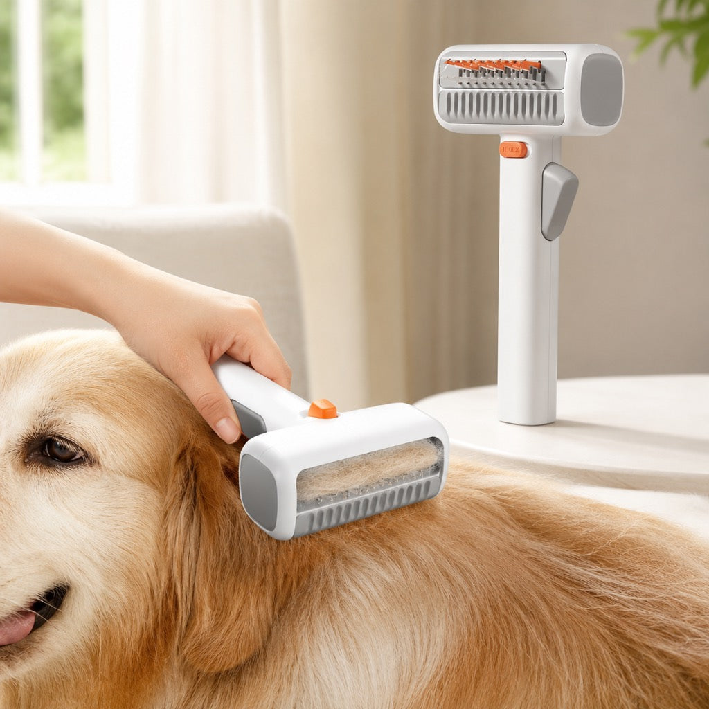 Self-cleaning pet grooming and dematting brush for cats and dogs