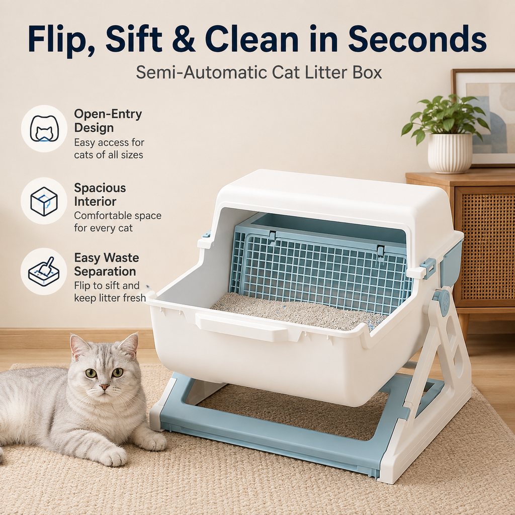 Paws in Awe Semi-Automatic Cat Litter Box for Indoor Cats - Open Entry Flip-to-Sift Design for Easier Cleanup image 3