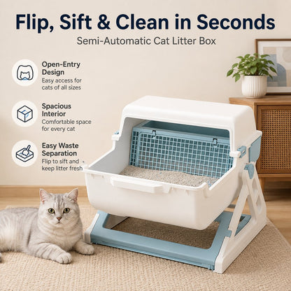Paws in Awe Semi-Automatic Cat Litter Box for Indoor Cats - Open Entry Flip-to-Sift Design for Easier Cleanup image 3