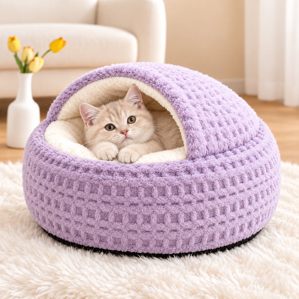 Paws in Awe Calming Semi-Enclosed Cat Bed for Cozy Sleep, Soft Warm Cave Bed for Indoor Cats & Small Pets image 2