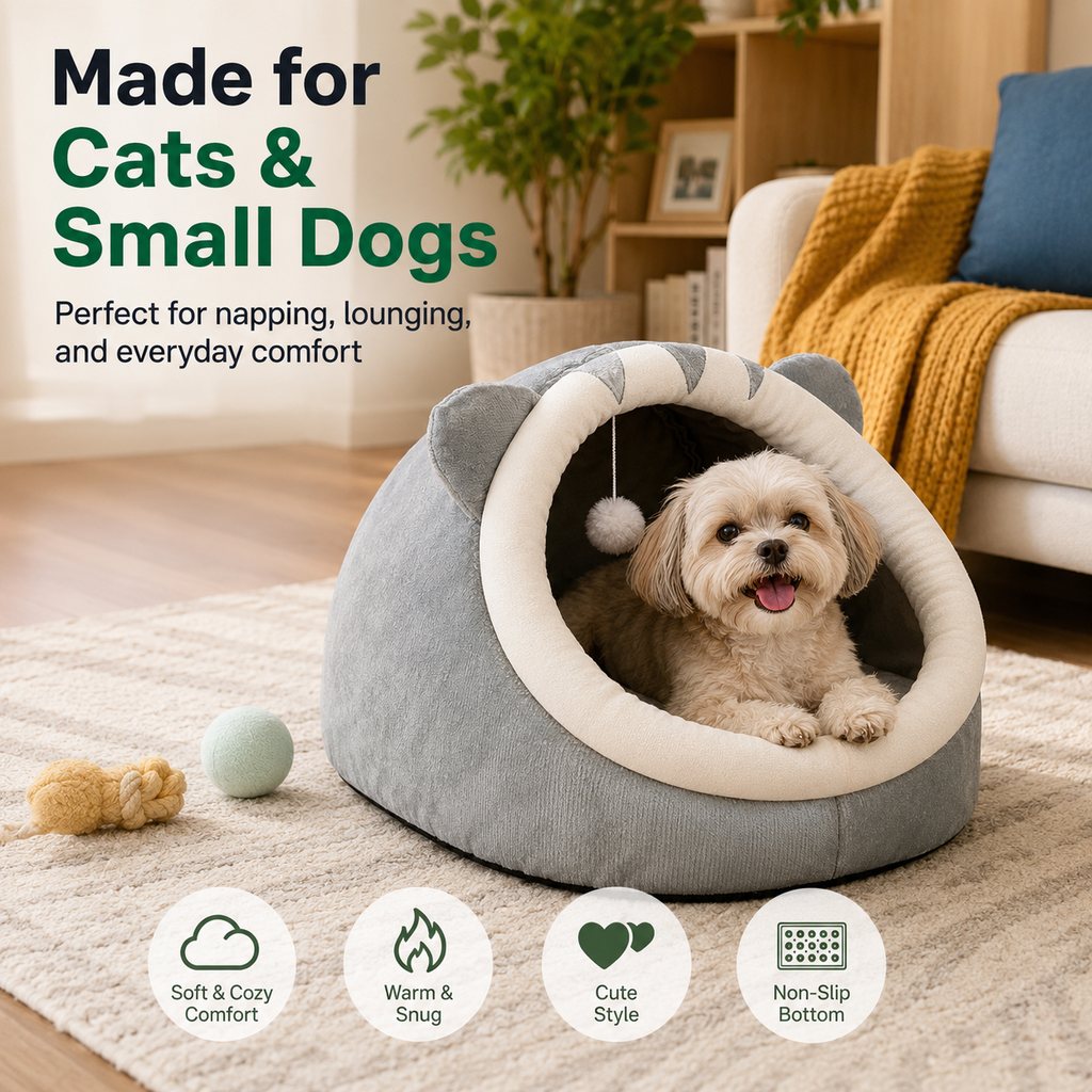 Paws in Awe Semi-Enclosed Plush Pet Bed for Cats & Small Dogs - Cozy Indoor Hideaway for Rest image 3