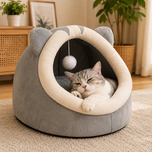 Paws in Awe Semi-Enclosed Plush Pet Bed for Cats & Small Dogs - Cozy Indoor Hideaway for Rest image 1