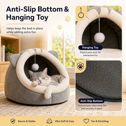 Paws in Awe Semi-Enclosed Plush Pet Bed for Cats & Small Dogs - Cozy Indoor Hideaway for Rest image 9