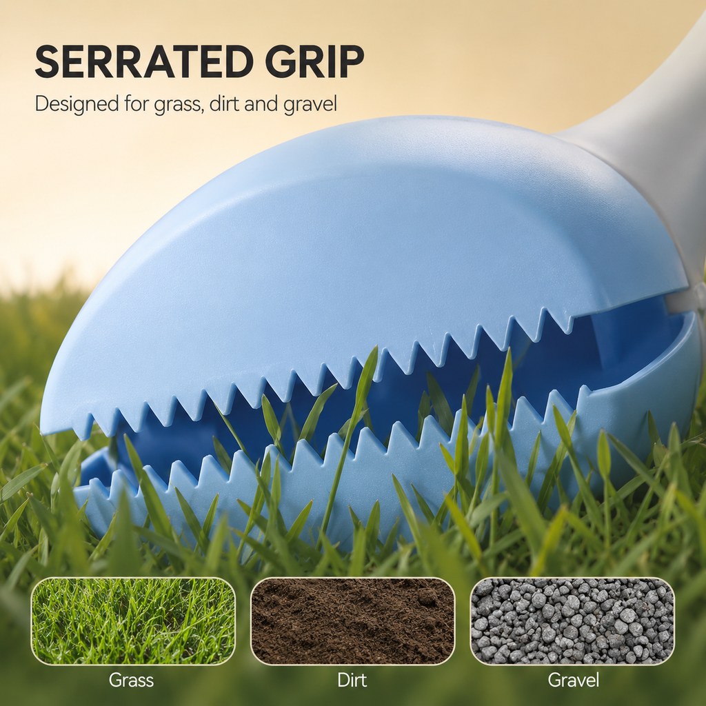Serrated claw on dog pooper scooper for everyday outdoor pickup