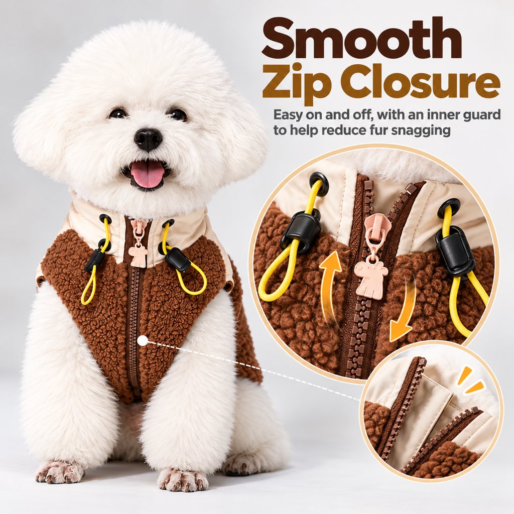 Smooth front zipper with inner guard on a sherpa dog vest