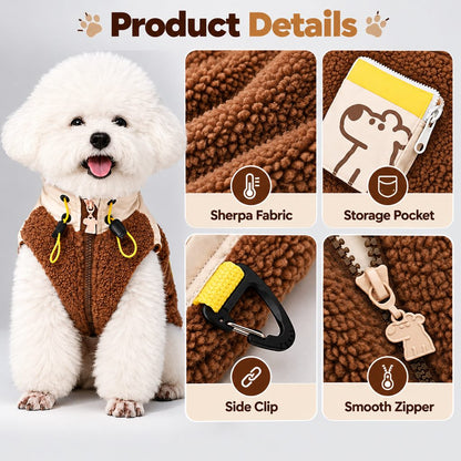 Sherpa dog vest product details including fleece zippered pocket side clip and zipper