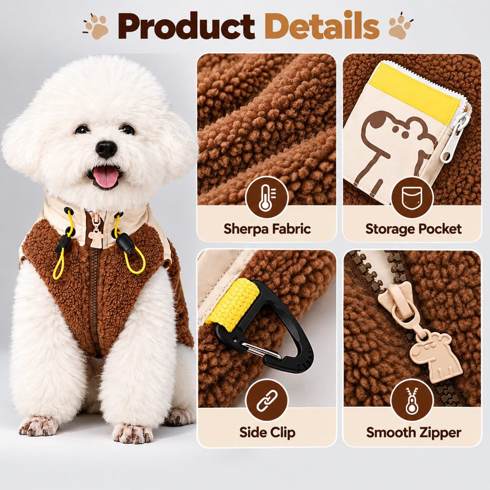 Sherpa dog vest product details including fleece zippered pocket side clip and zipper