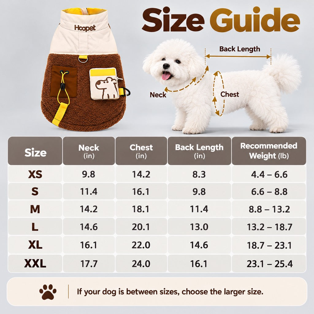 Size chart for a brown and cream sherpa dog vest from XS to XXL