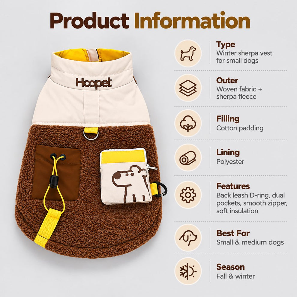 Brown and cream sherpa dog vest product specifications