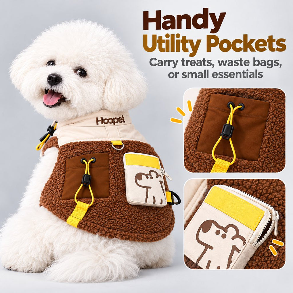 Brown sherpa dog vest with utility pocket and small zippered pocket