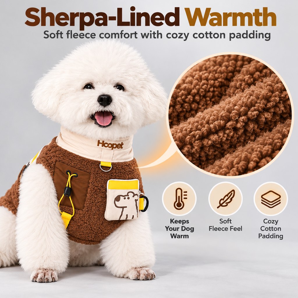 Warm sherpa fleece texture and padded design on a dog vest