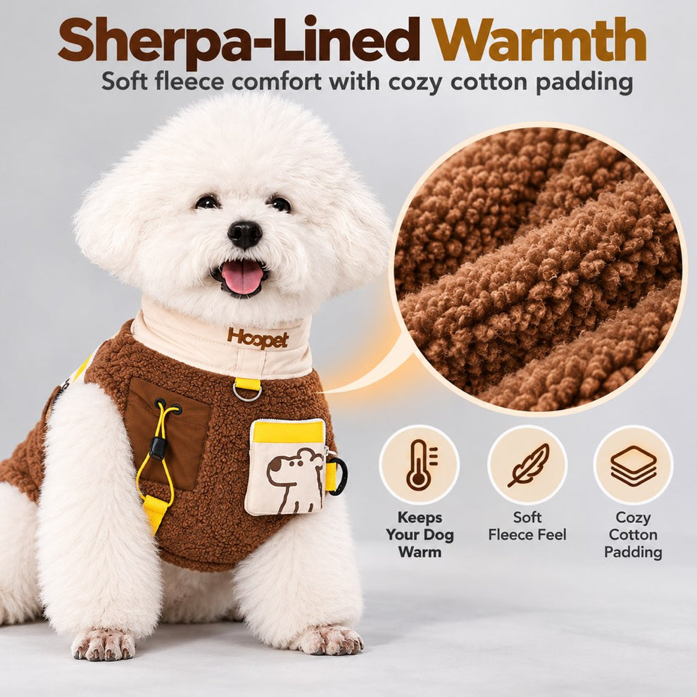 Warm sherpa fleece texture and padded design on a dog vest