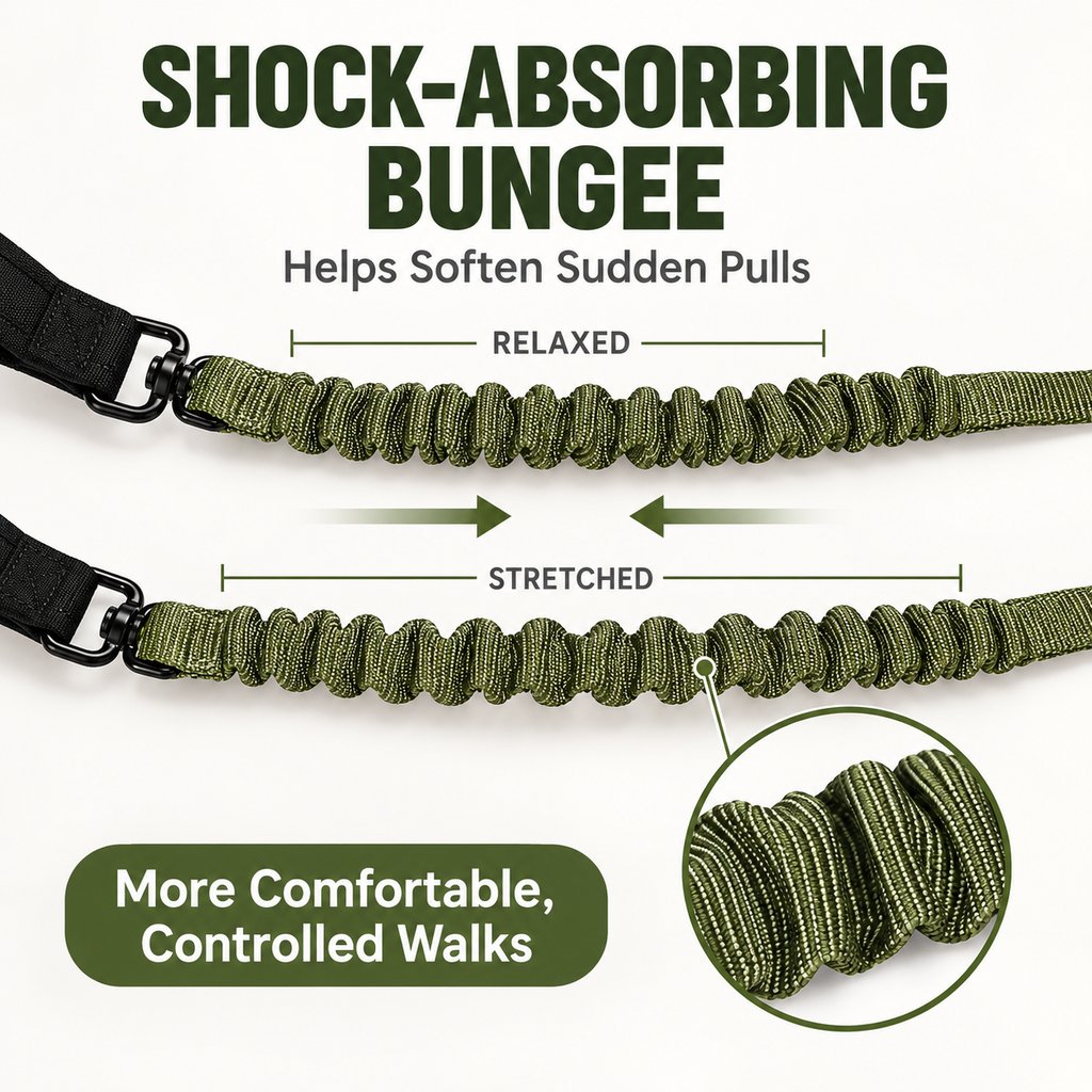 Elastic shock-absorbing bungee section that helps soften sudden pulls