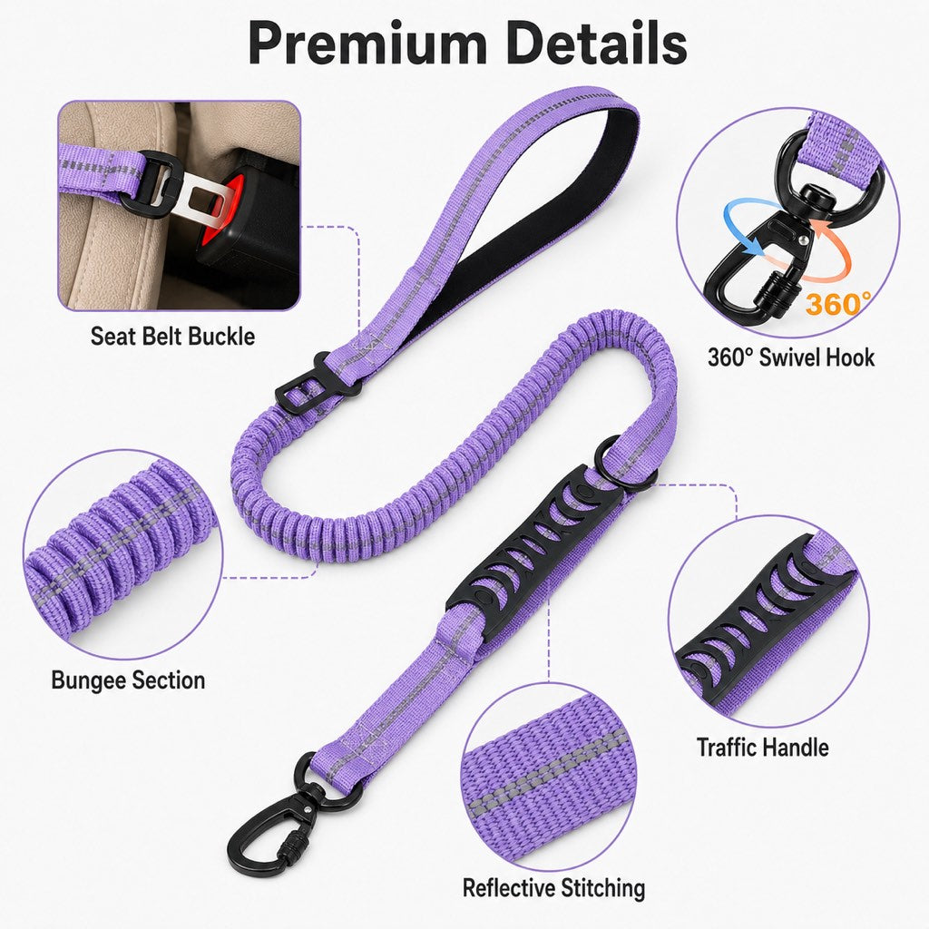 Paws in Awe Reflective Dog Car Seat Belt Leash for Backseat Travel & Daily Walks - Shock-Absorbing Bungee Tether to Help Reduce Pulling & Driver Distraction image 6