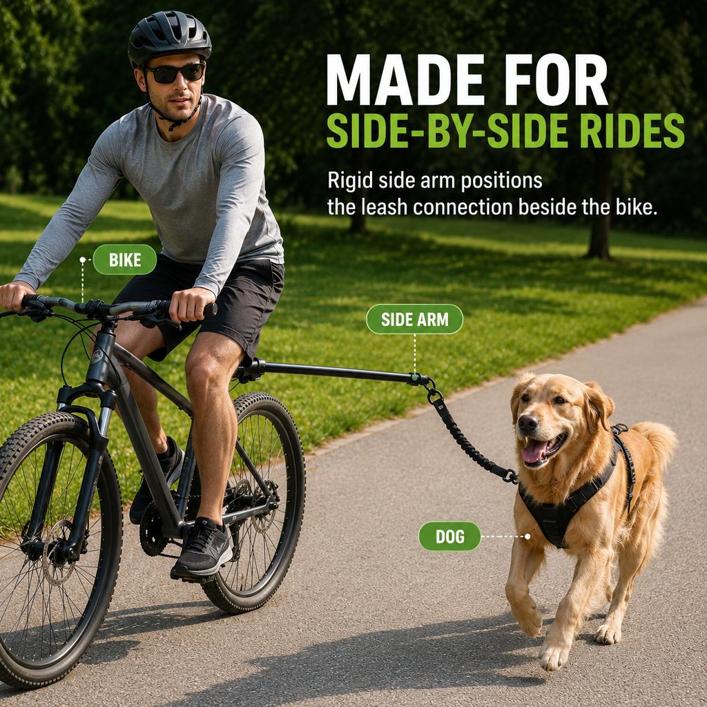 Bike-mounted side arm dog leash for side-by-side rides