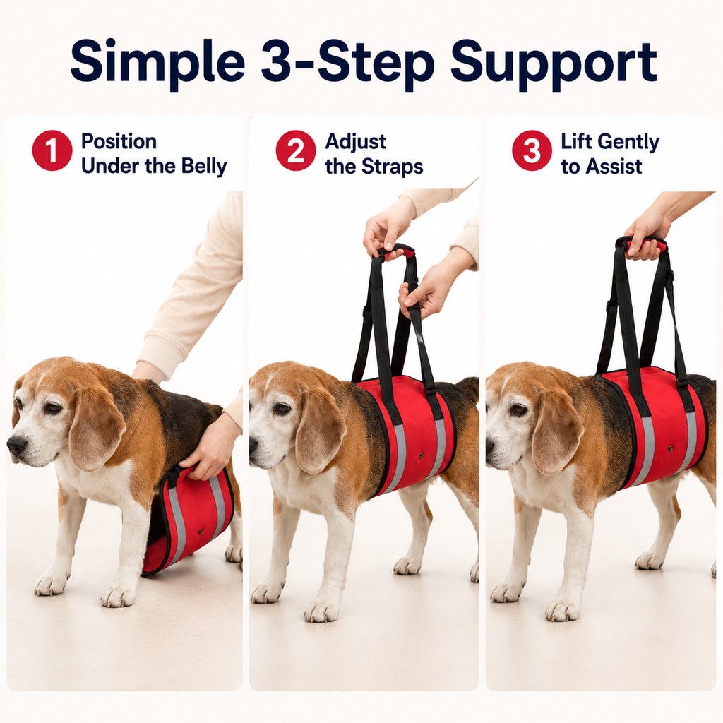 Simple three step dog belly lift support sling use guide