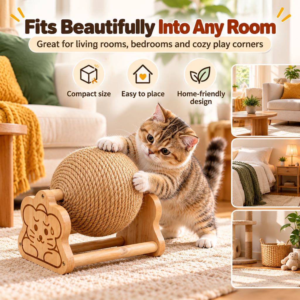 Compact wooden sisal cat scratching ball in a home play area