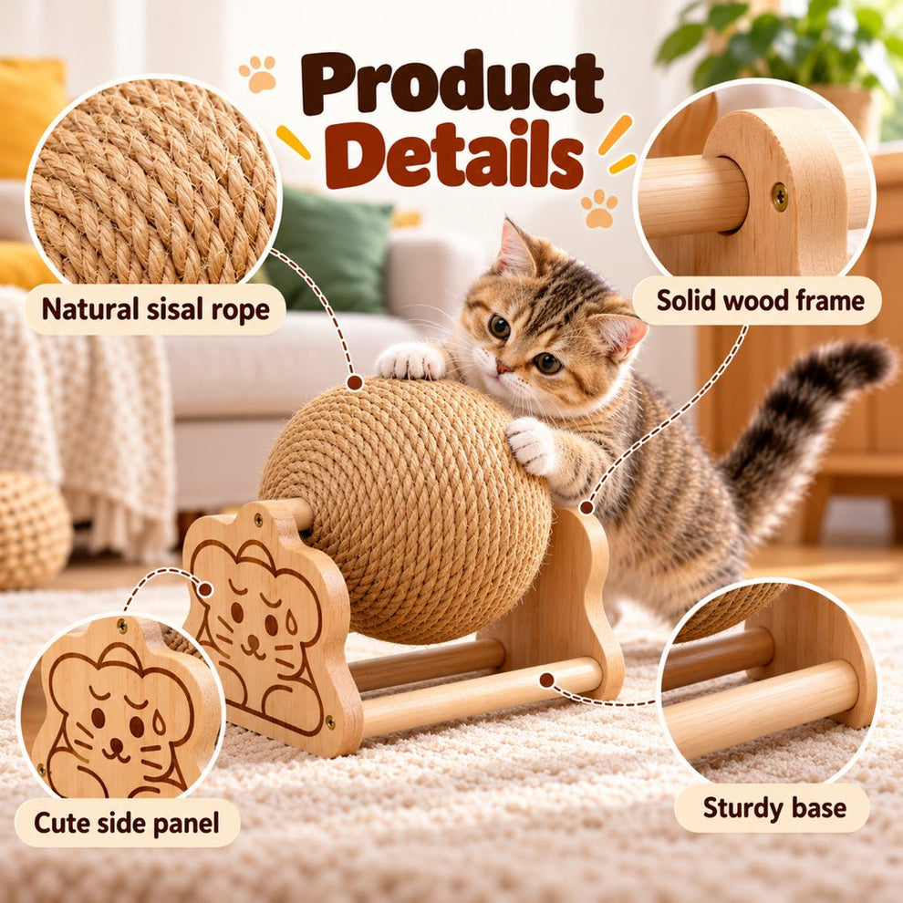 Natural sisal rope, solid wood frame and cat side panel details